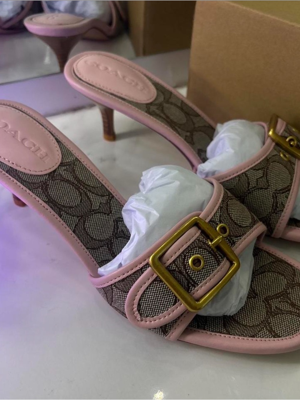 Coach Pink Trim Signature Canvas Buckle Mules - Picture 2 of 4